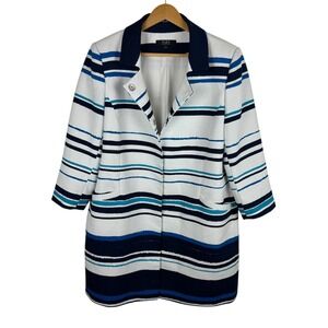 Alex Marie Womens Striped Textured Coat Large Blue‎ White Longline Jacket Office